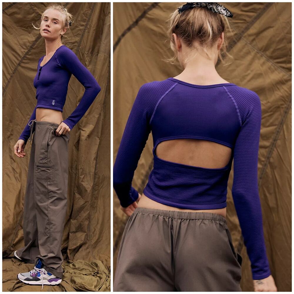Free People Movement Bail Out Long Sleeve Crop Top NWOT Women XS S Purple Yoga